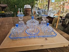 Art Deco 7 Piece Bohemian Blue Glass Dressing table Set Vintage