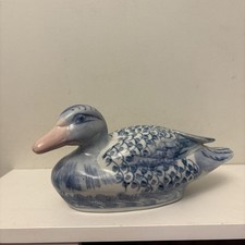 Decorative blue white painted Porcelain Duck Figure Ornament 9”
