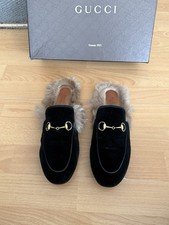 Gucci  Princetown  Black Suede Women’s Slipper Horsebit Loafers  Fur Shoe Uk 5.5