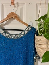 Vintage Art Deco 20s/30s Style Turquoise Silk Beaded Dress Very Good Condition