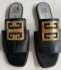 GIVENCHY 4G Metal Logo Flat Leather Slide Sandals 39 Black & Gold
