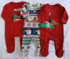 Bundle three Christmas outfits/babygrows. Unisex baby girl/boy 9-12mths, all VGC