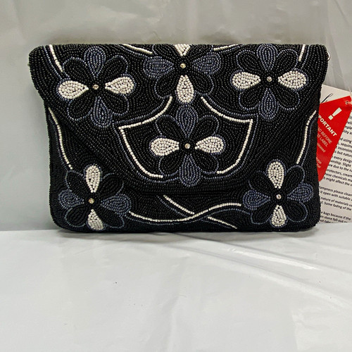 Beaded floral clutch bag - beaded, black