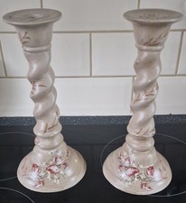 Pair Upcycled Ceramic Candlesticks 11" Tall Gisela Graham Painted Transfers Wax