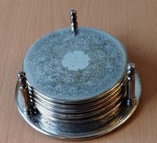 Vintage Set Of 6 Silver Plated Coasters With Holder/Bottle Stand