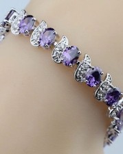 Purple Amethyst  White Topaz Flanked Tennis Sterling Silver Gemstone Bracelet 