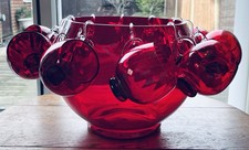 Vintage Red Ruby Glass Punch Bowl & 10 Glasses Plus Hangers Red To Clear Cups