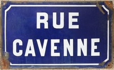 Old blue French enamel street sign road name plate Saint Quentin rue Cavenne