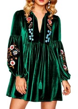 Green Bohemian Hippie Boho Embroidered Velvet Tunic Dress Size XXL 16-18 