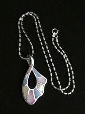 Italy 925 Silver Barrel Link Chain & Pastel Colour Shell Inset Abstract PENDANT