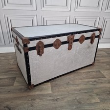 Vintage Silver Metal Steamer Trunk – Travel Chest Storage Box – Industrial Retro
