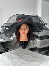 Whiteley Midnight Ruffle – Black Organza Wide Brim Hat with Red Band Accent