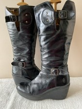 FLY LONDON Ladies Black Patent Knee High wedge Boot Size 41
