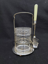 Vintage Lidded Glass Pickle Jar with Pickling Fork on Silver plated Stand 9.5" H