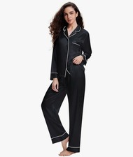 Womens Plain Silky Satin Pyjamas Long Sleeve Elasticated Black 2XL