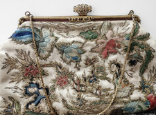 1940s Chinese Silk Embroidered Evening Bag Vintage Purse Ornate Clasp & Mirror
