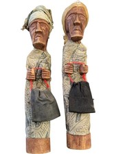 Ethnographic Wooden Folk Art Tribal Figures Set with Fabric Clothing