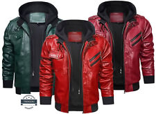 MENS LEATHER JACKET WITH HOOD BROWN BOMBER CASUAL REAL BIKER FAUX LEATHER COAT