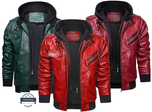 Mens leather jacket with - leather, hood