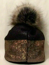Womens Black Gold Beanie Hat Sequin Effect Faux Fur Pom Pom Unusual Gift Party