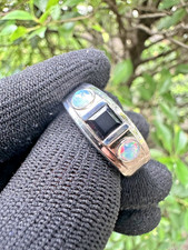 Men’s 925 Silver Ring Black Onyx & Ethiopian Opal Band Ring Size U-W-Y