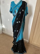 Beautiful Black /blue Embroidered saree with Matching blouse Indian Pakistani