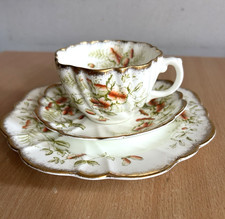 Stunning Antique Floral Diamond China Trio Cup Saucer Plate Set