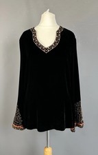 EAST Tunic Top Black Embroidered Silk Velvet Wide Sleeves Size 10