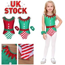 Kids Girls Christmas Costume Elf Gymnastics Dance Leotard with Headband Outfits