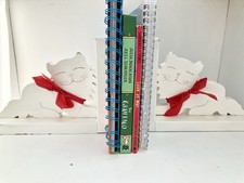 Shabby Chic White Wooden Cat With Red Bow Bookends