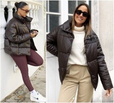 ZARA CHOCOLATE BROWN FAUX LEATHER PUFFER JACKET SIZE XS UK 6 8 10