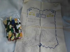 PRINTED CROSS STITCH BABY BIRTH SAMPLER ~ AS FOUND with THREADS VINTAGE