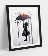 BANKSY STYLE UMBRELLA GIRL MULTICOLOUR RAIN -FRAMED WALL ART POSTER PAPER PRINT