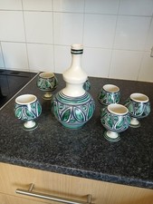 Vintage painted pottery set decanter and 6 cups signed San Jose