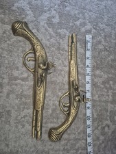Decorative Brass Flintlock Pistols Wall Hanging Vintage Decor Man Cave