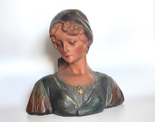 Antique Plaster Figural Bust of a Lady in Headscarf, Signed