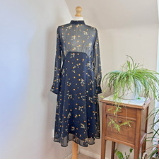 Zara Dress Size L Black Gold Spot Floral Midi Length Fit Flare Sheer Top Flirty