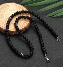 Men's Natural Stone Black Matte Agate Bead Necklace 