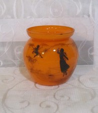 Vintage Loetz? Orange Tango Glass Bowl Vase With Hand Painted Figures