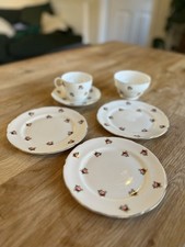 Vintage Adderley Bone China Pink Rose Bud Tea Plates, Sugar Bowl, Cup & Saucer