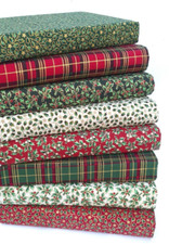 CHRISTMAS HOLLY & TARTAN FABRIC PATCHWORK BUNDLE 100% COTTON GREEN CREAM RED