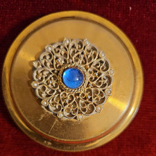 Vintage Gold tone with Blue Stone Powder Compact No Mirror