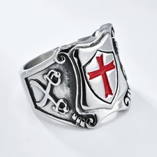 Mens Knights Templar Red Cross Ring Stainless Steel Shield Band Cocktail Party