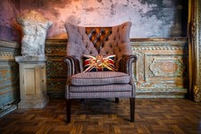 TETRAD MACKENZIE HARRIS TWEED ANTIQUE BROWN LEATHER CHESTERFIELD WINGBACK CHAIR