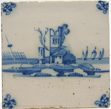 Antique Dutch Delft Blue & White Hand Painted Tile Landscape AE4