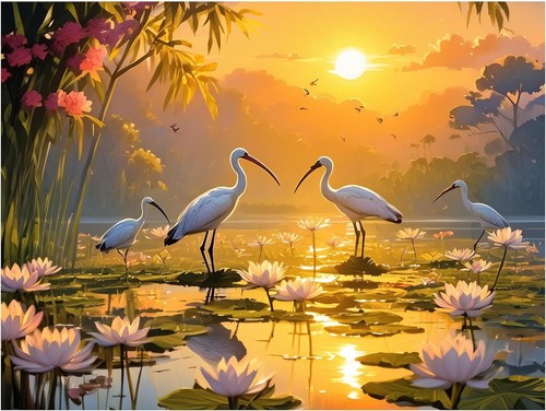 Tile mural ibises - ibises, sun