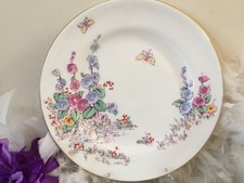 Vintage Crown side Plate white with hollyhock flower & gold rim C1930 bone china