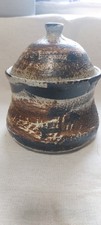 Studio Pottery Textured Stoneware lidded pot salt. 7" . Signed. Treacle Rustic 