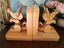 VINTAGE CHUNKY WOOD BOOK ENDS -SOLID WOOD  UNIQUE CARVED MICE  MOUSE DESIGN