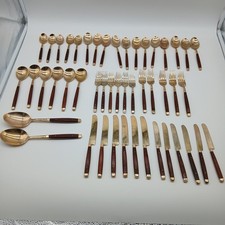 Vintage 48 Piece Wooden Handle Gilt Metal Cutlery Set Thailand